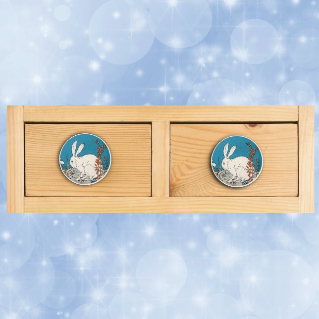Elegante Vintage Blume Keramikknauf (Fluffly white sitting bunny rabbit in flowers on drawer knob pull.)