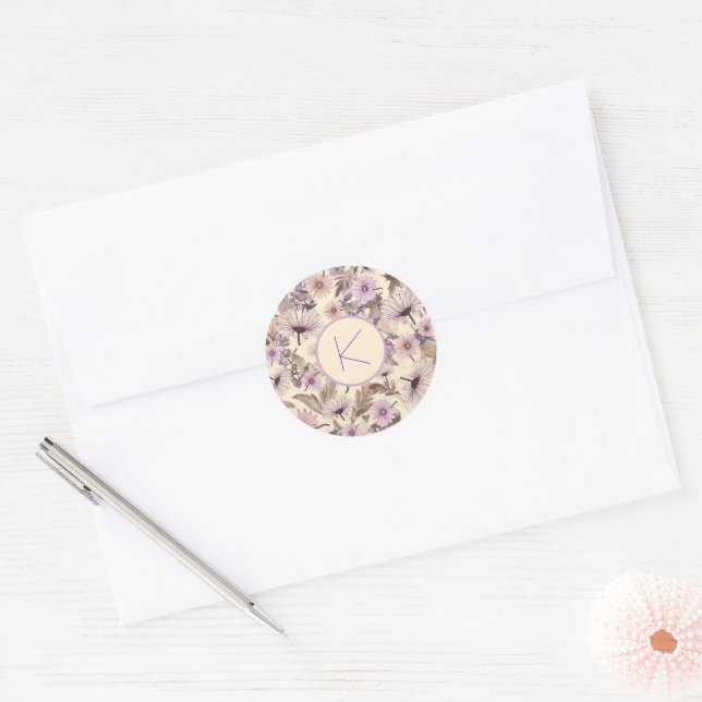 Elegante Vintage Blume mit Monogramm Runder Aufkleber (Umschlag)