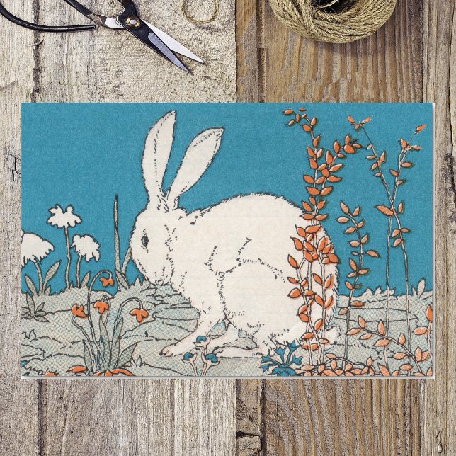Elegante Vintage Blume Seidenpapier (Fluffy white rabbit sitting in orange and white flowers on blue tissue wrapping paper for Easter.)