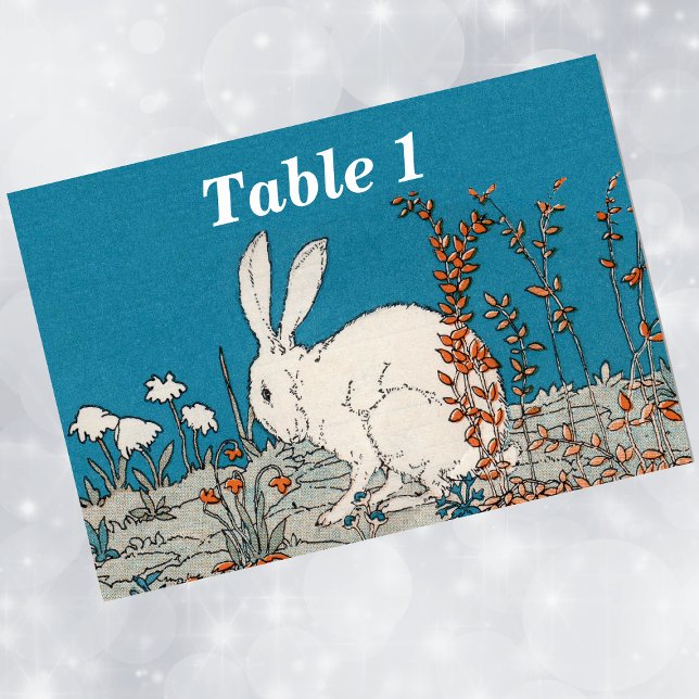 Elegante Vintage Blume Tischnummer (White fluffy rabbit sitting in orange and white flowers on blue event table number cards.)