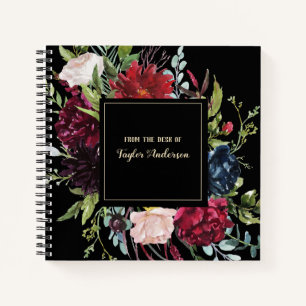 Elegante Vintage Blumen auf Schwarz Personalisiert Notizbuch