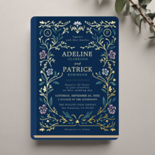 Elegante Vintage-Blumen-Bibliotheksbuch-Hochzeit Folieneinladung