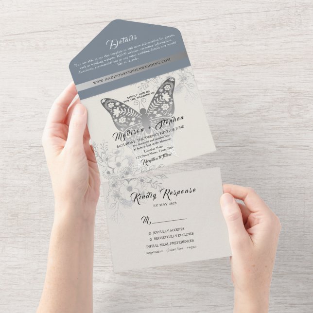 Elegante Vintage Blumen Dusty Blue Wedding All In One Einladung (Abreißen)
