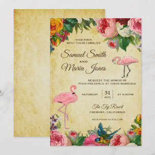 Elegante Vintage-Blumen-Flamingo-Hochzeitseinladun Einladung