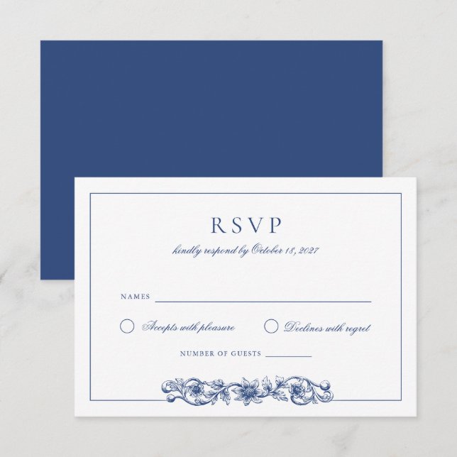 Elegante Vintage Blumen Navy Blue Wedding RSVP Einladung (Vorne/Hinten)