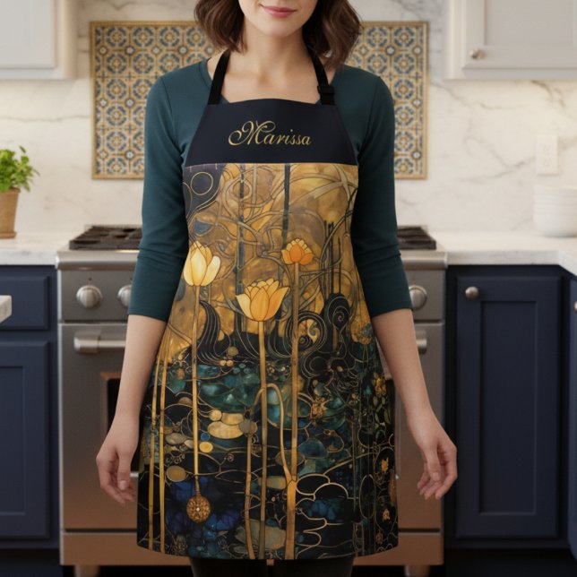 Elegante Vintage-Blumen-Schürze Schürze (elegant black gold vintage art nouveau floral apron with custom name in beautiful script calligraphy)