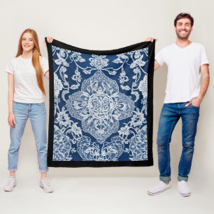 Elegante Vintage-Blumen-Spitze Blau und Weiß Fleecedecke