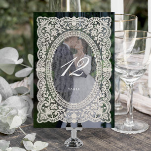 Elegante Vintage-Blumen-Spitzenrahmen-Foto-Hochzei Tischnummer