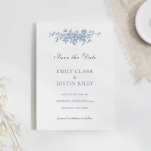 Elegante Vintage Blumenblauer Save the Date Hochze Einladung