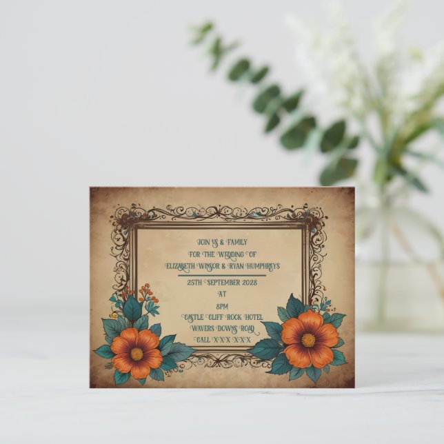 Elegante Vintage Blumenhochzeit Ankündigungspostkarte (Stehend Vorderseite)