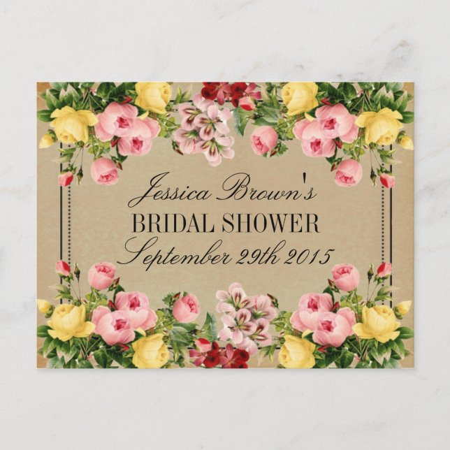 Elegante Vintage Blumenkarten mit Brautparty Einladungspostkarte (Vorderseite)