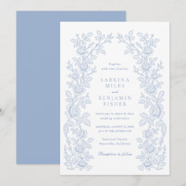 Elegante Vintage-Blumenrahmen-Staubblaue Hochzeit Einladung