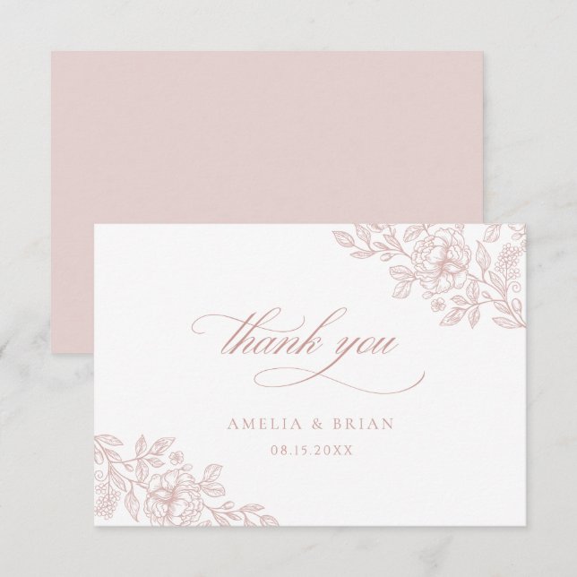 Elegante Vintage Blütenpink-Script-Hochzeit Dankeskarte (Vorne/Hinten)