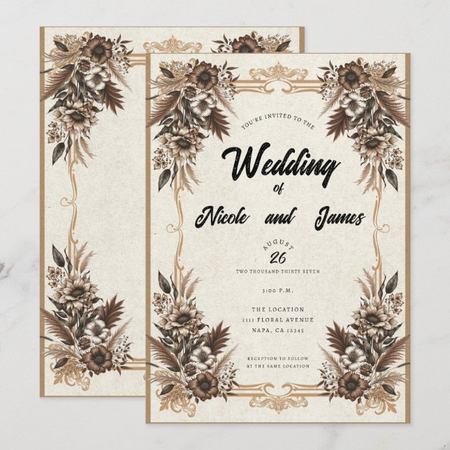 Elegante Vintage Bohemische Blumenhochzeit Einladung (Vorne/Hinten)