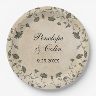 Elegante Vintage Braut Bräutigam Namen Hochzeit Pappteller