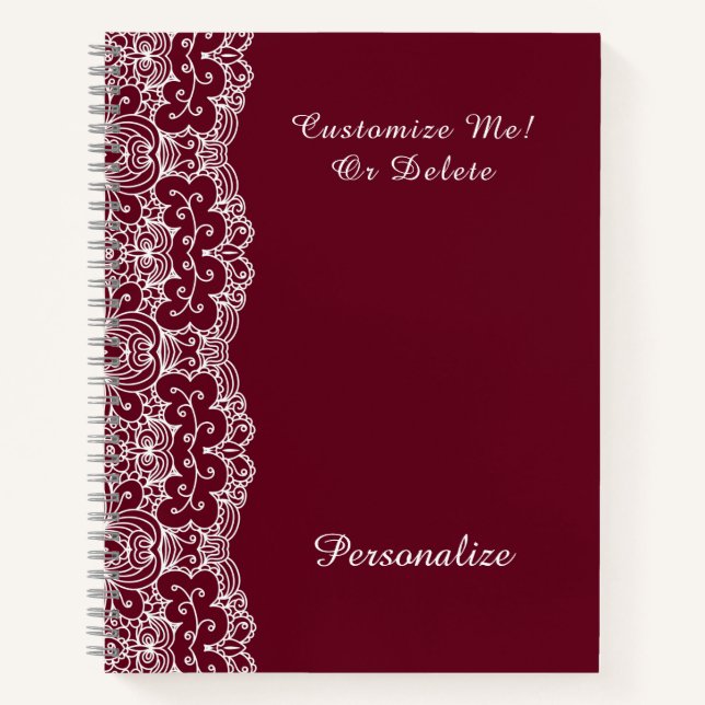 Elegante Vintage Burgundy White Lace Personalisier Notizbuch (Vorderseite)