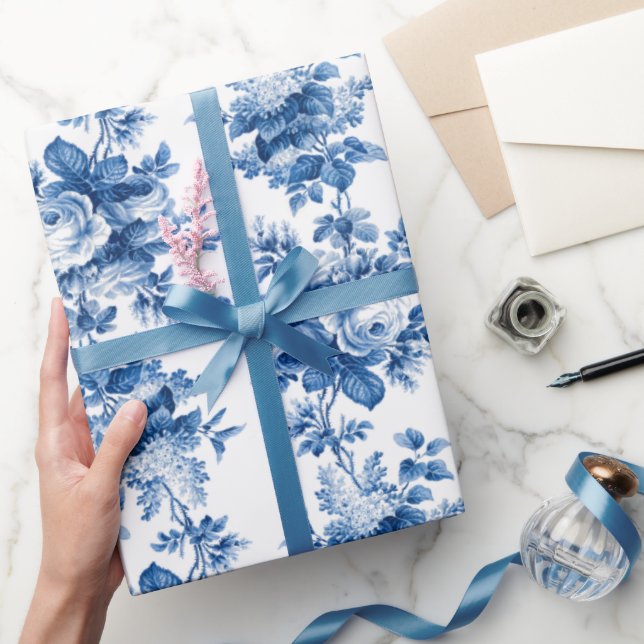Elegante Vintage China Blaue Rose Geschenkpapier (Schenken)