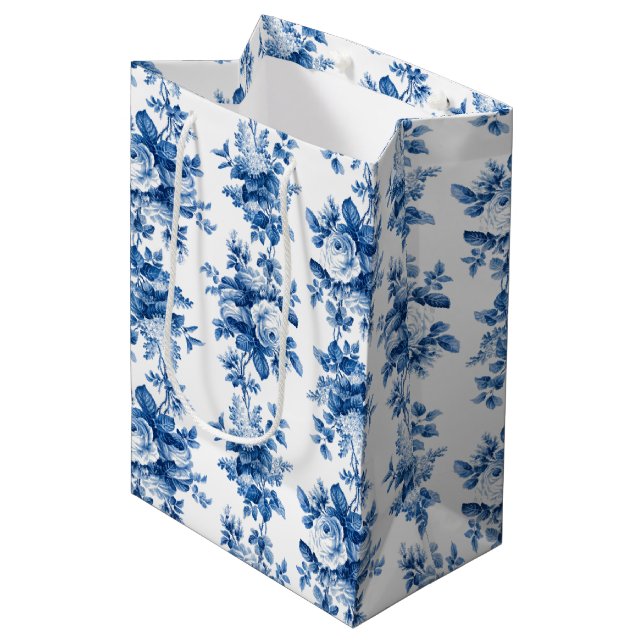Elegante Vintage China Blaue Rose Mittlere Geschenktüte (Vorderseite Schrägansicht)
