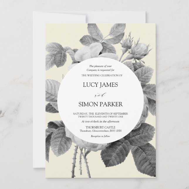 Elegante Vintage, florale monochrome Rose Einladung (Vorderseite)