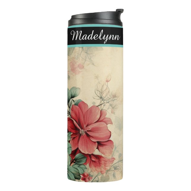 Elegante Vintage, florale Personalisierte Bridesma Thermosbecher (Nach links gedreht)