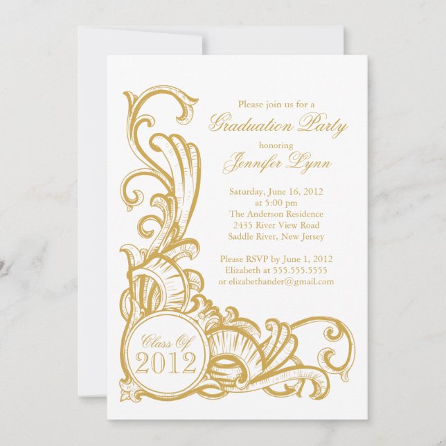 Elegante Vintage GoldAbschluss-Party Einladung (Vorderseite)