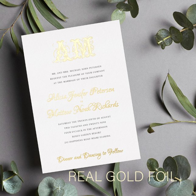 Elegante Vintage Goldfolienhochzeit in Monogramm Folieneinladung (Von Creator hochgeladen)