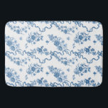 Elegante Vintage, gravierte blaue Rose und Ribbons Badematte<br><div class="desc">Elegant und romantisch blau eingeprägte Vintage Rose,  Blume,  Weinberge,  Blätter und Schmetterlinge mit Bändern und Bögen verwoben auf einem weißen Hintergrund.</div>