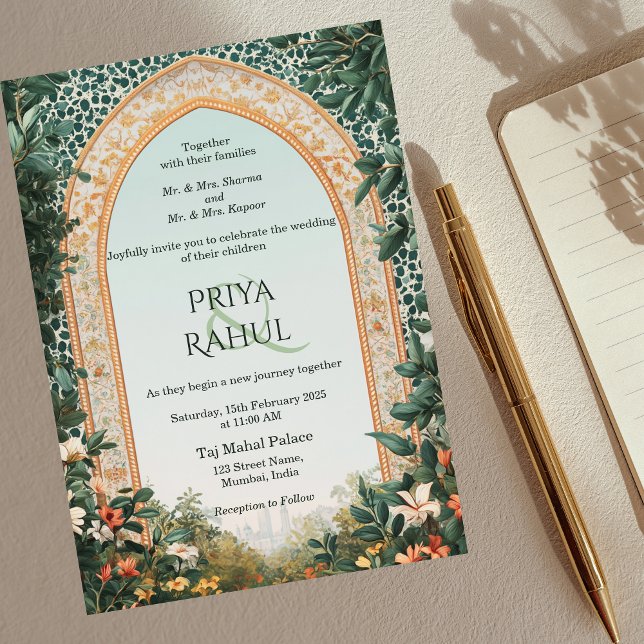Elegante Vintage Greenerie Floral Indian Wedding Einladung (greenery floral indian arch wedding invitation)