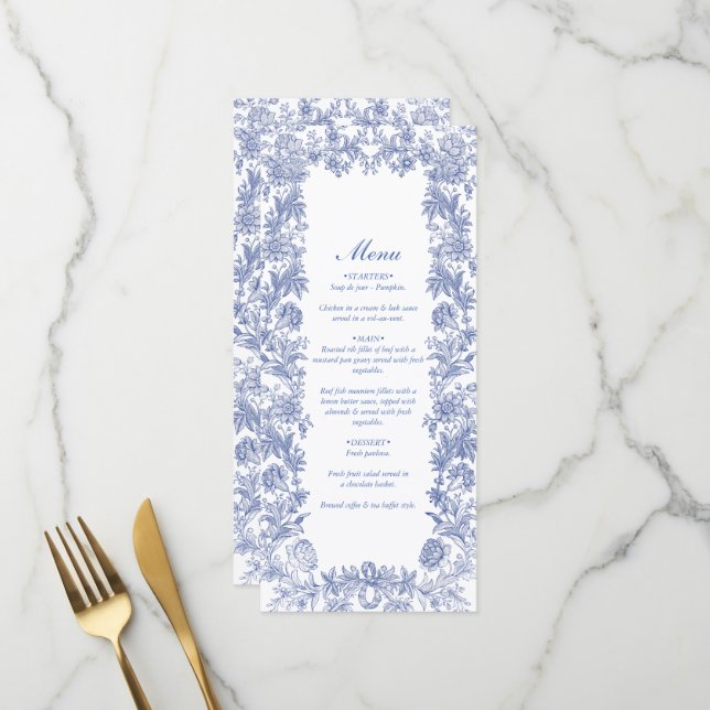 Elegante Vintage Hochzeit der französischen Blauen Menükarte (Vorderseite/Rückseite Beispiel)