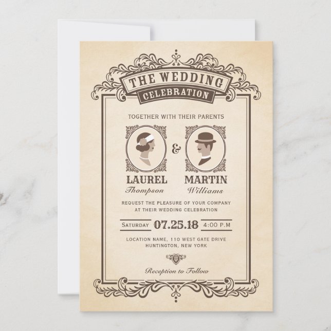 Elegante Vintage Hochzeit Einladung | Braut und Br (Vorderseite)