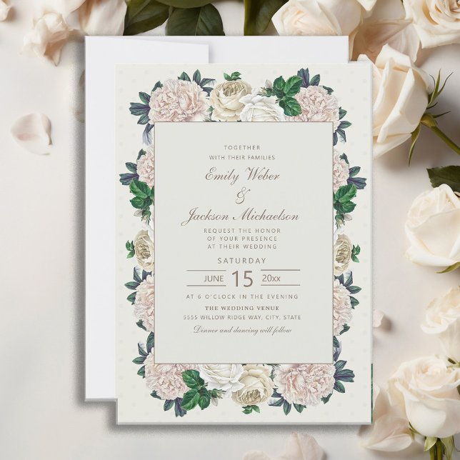 Elegante Vintage Hochzeit von Elfenbein Einladung (Elegant white roses and greenery wedding invitation)