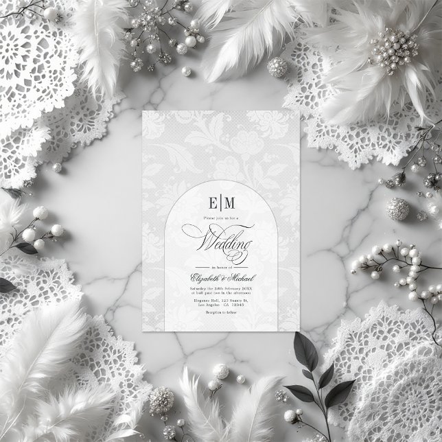 Elegante Vintage Hochzeitssonne Einladung (Elegant Vintage Lace Arch Monogram White Wedding Invitation)