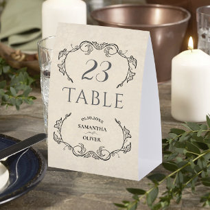 Elegante Vintage-Hochzeitstischkarte mit botanisch Tischaufsteller