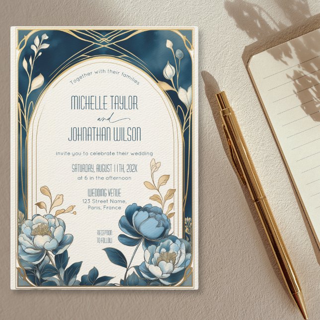 Elegante Vintage Jugendstil Einladung (Blue peonies with an arched art nouveau frame wedding invitation)