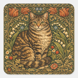 Elegante Vintage-Katze, florales Botanisches Quadratischer Aufkleber