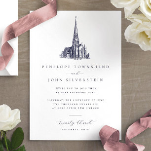 Elegante Vintage-Kirchen-Illustration Hochzeit Einladung