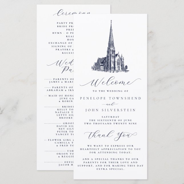 Elegante Vintage-Kirchenillustration Hochzeit Programm (Vorne/Hinten)