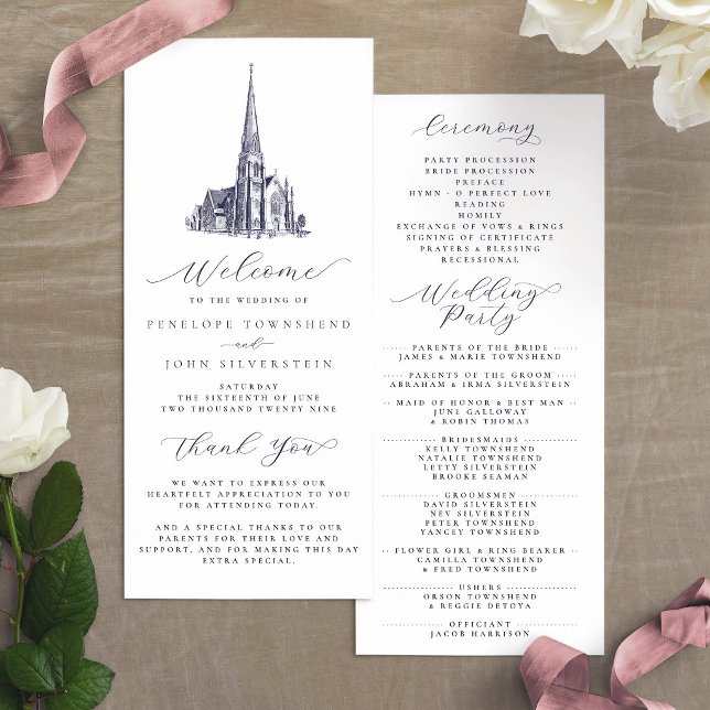 Elegante Vintage-Kirchenillustration Hochzeit Programm (Elegant Vintage Church Illustration Wedding Program)
