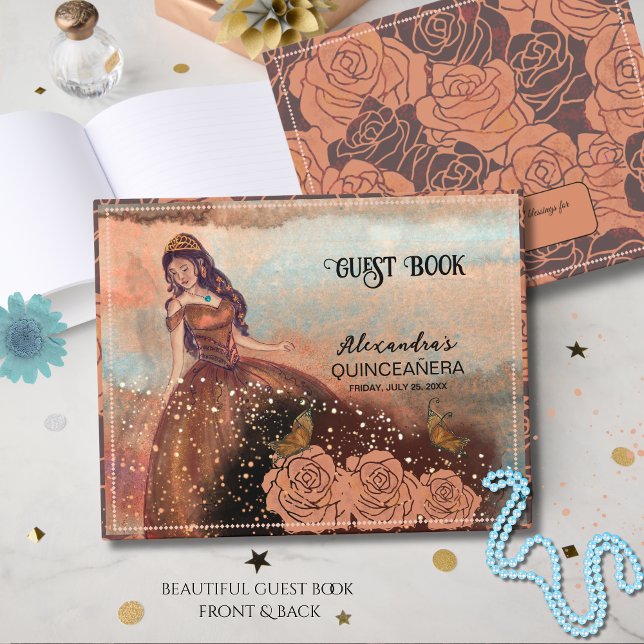 Elegante Vintage Kupfer-Rose Quinceañera Gästebuch (Elegant Vintage Copper Rose Quinceañera Guest Book)