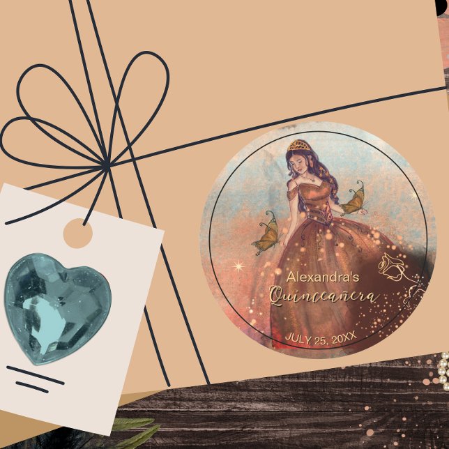 Elegante Vintage Kupfer-Rose Quinceañera Runder Aufkleber (Elegant Vintage Copper Rose Quinceañera Classic Round Sticker)