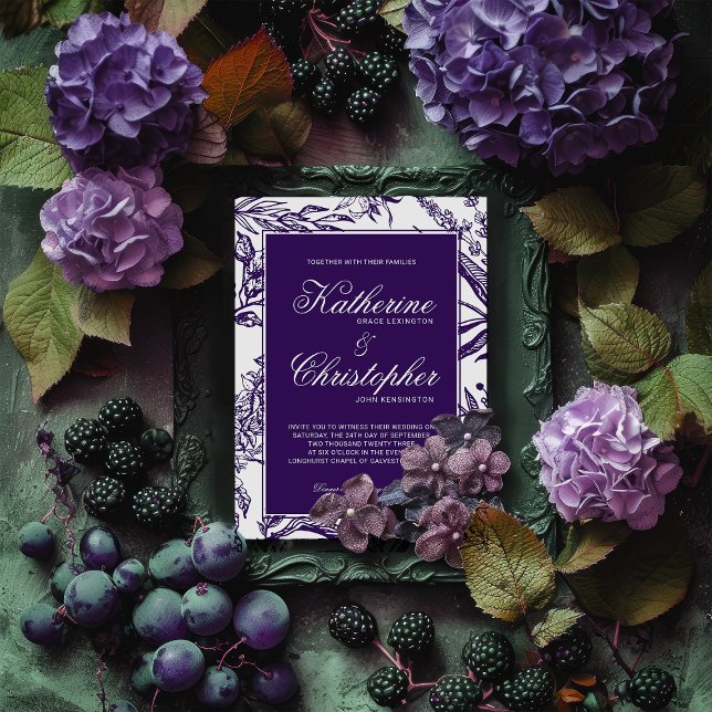 Elegante Vintage Lila botanische Hochzeit Einladung (Elegant Vintage Dark Purple Botanical Wedding Invitation)