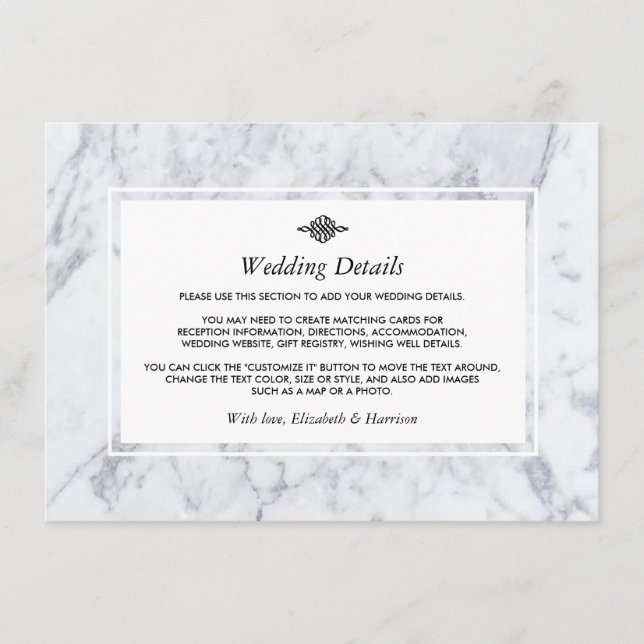 Elegante Vintage Marmorhochzeit - Details Begleitkarte (Vorderseite)