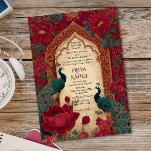Elegante Vintage-Maroon-Gold-Pfau-Hochzeit in Indi Einladung