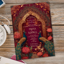 Elegante Vintage-Maroon-Gold-Pfau-Indische Hochzei