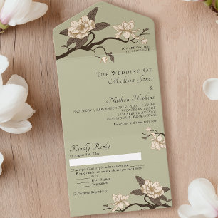 Elegante Vintage Minimal Grüne Magnolia Hochzeit All In One Einladung