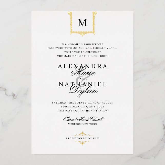 Elegante Vintage Monogram Black and White Wedding  Folieneinladung (Vorderseite)