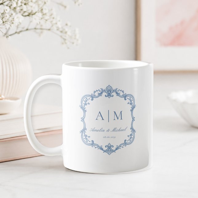 Elegante Vintage-Monogramm-Hochzeit Kaffeetasse (Elegant Blue White Vintage Monogram Wedding Coffee Mug)