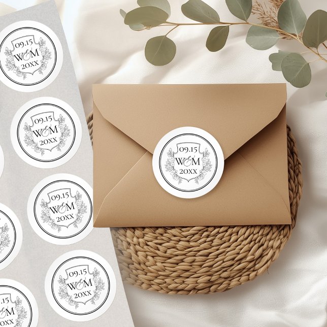 Elegante Vintage Monogramm-Hochzeit Runder Aufkleber (Elegant Vintage Monogram Wedding Classic Round Stickers)