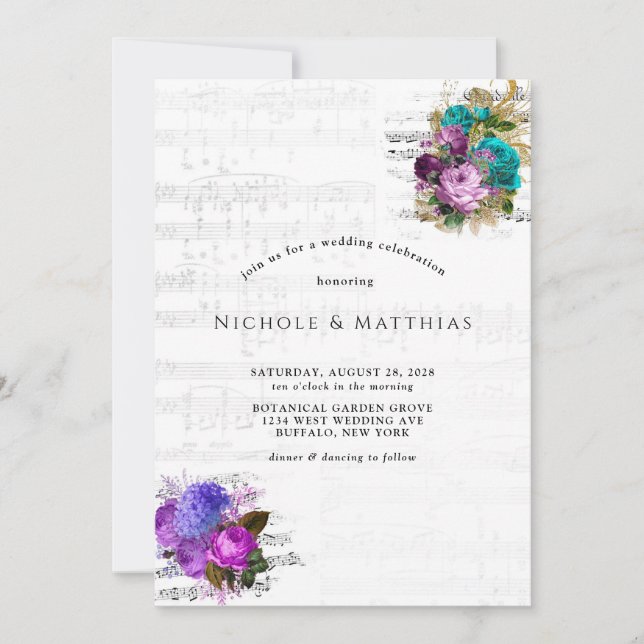 Elegante Vintage Noten und Blumenhochzeiten Einladung (Vorderseite)