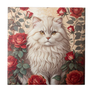 Elegante Vintage Perserkatze mit Rosen Fliese